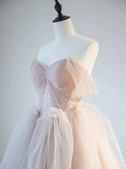Champagne Pink Off Shoulder Tulle Lace Long Prom Dress, Champagne Formal Dress