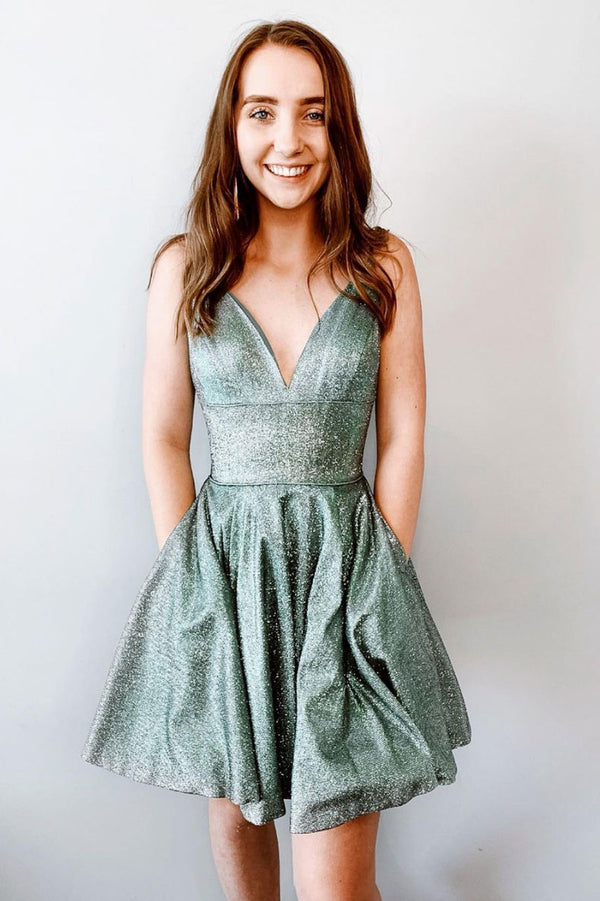 Green v neck short prom dress green cocktail dress
