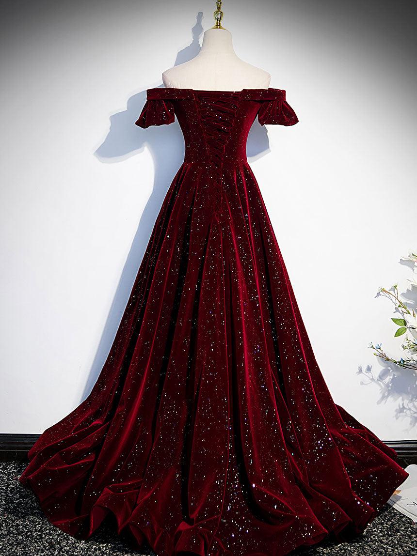 Burgundy velvet beads long prom dress, burgundy evening dress