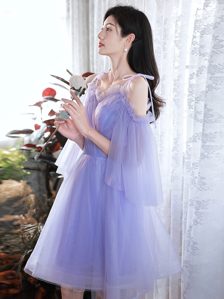 A-Line V Neck Tulle Purple Short Prom Dress, Purple Homecoming Dress