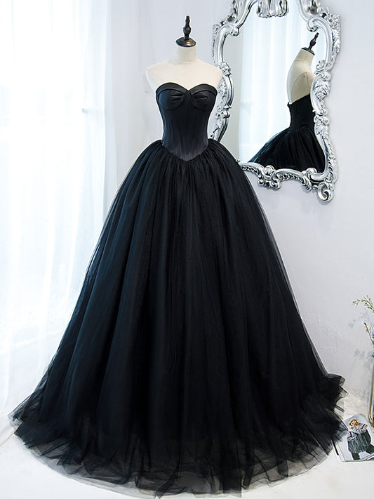 Black Sweetheart Neck Tulle Long Prom Dress, Black Formal Evening Dress