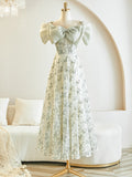 Green A-Line Lace Tea Length Prom Dress, Light Green Formal Dress