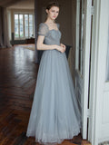 Gray tulle beads long prom dress, tulle long sweet 16 dress