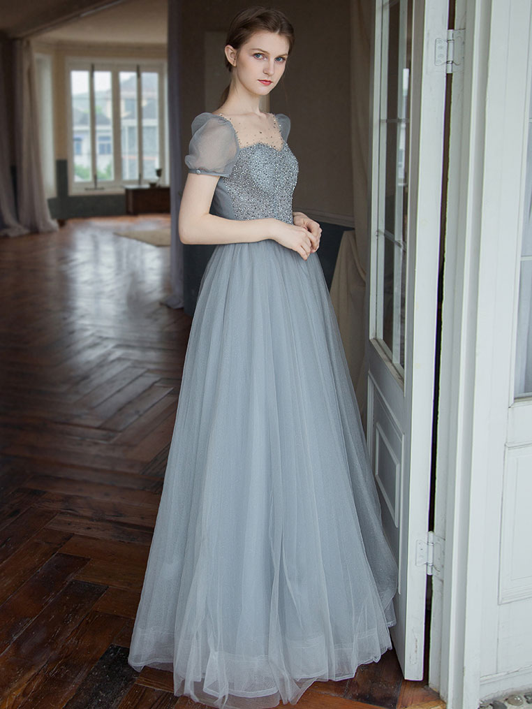 Gray tulle beads long prom dress, tulle long sweet 16 dress