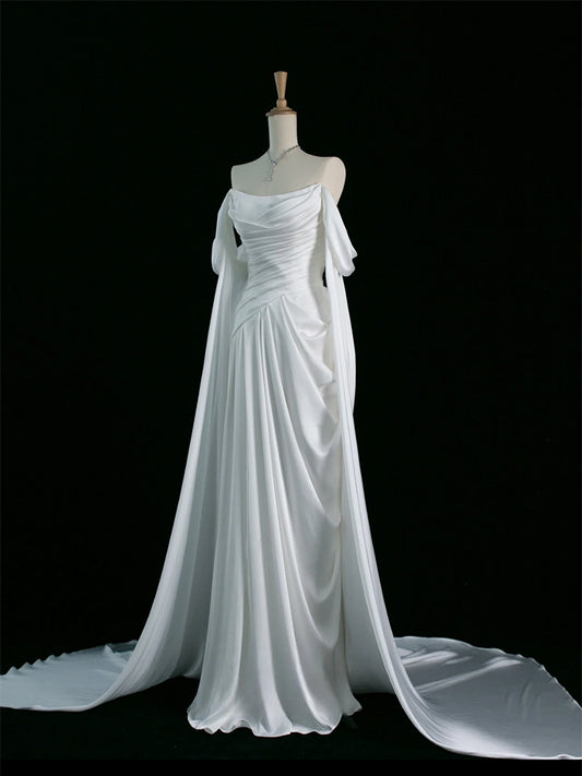 A-Line Off Shoulder Satin White Long Prom Dress, White Long Formal Dress