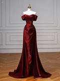 Simple Off Shoulder Satin Burgundy Long Prom Dress, Burgundy Long Formal Dress