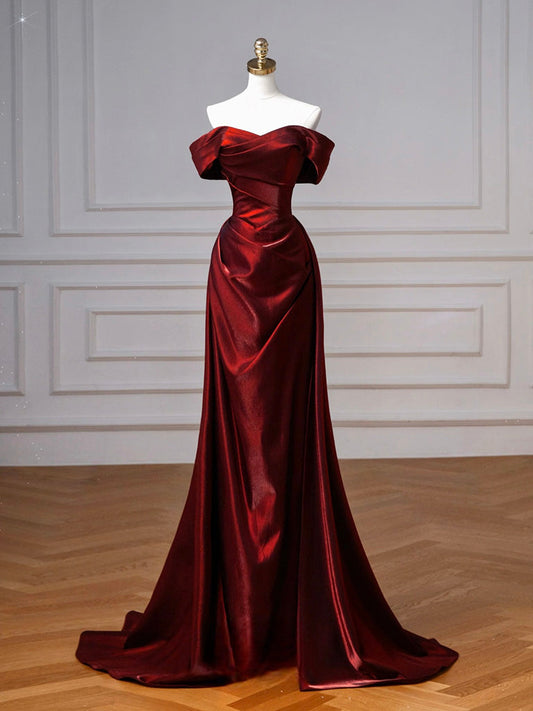Simple Off Shoulder Satin Burgundy Long Prom Dress, Burgundy Long Formal Dress