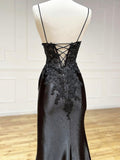 Mermaid V Neck Satin Lace Black Long Prom Dress, Black Evening Dress