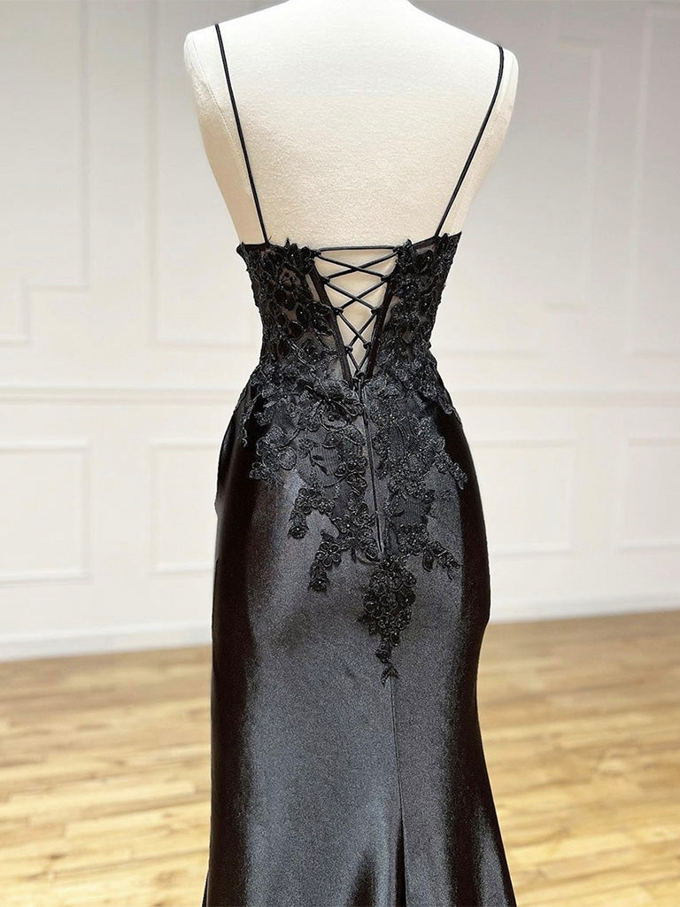 Mermaid V Neck Satin Lace Black Long Prom Dress, Black Evening Dress