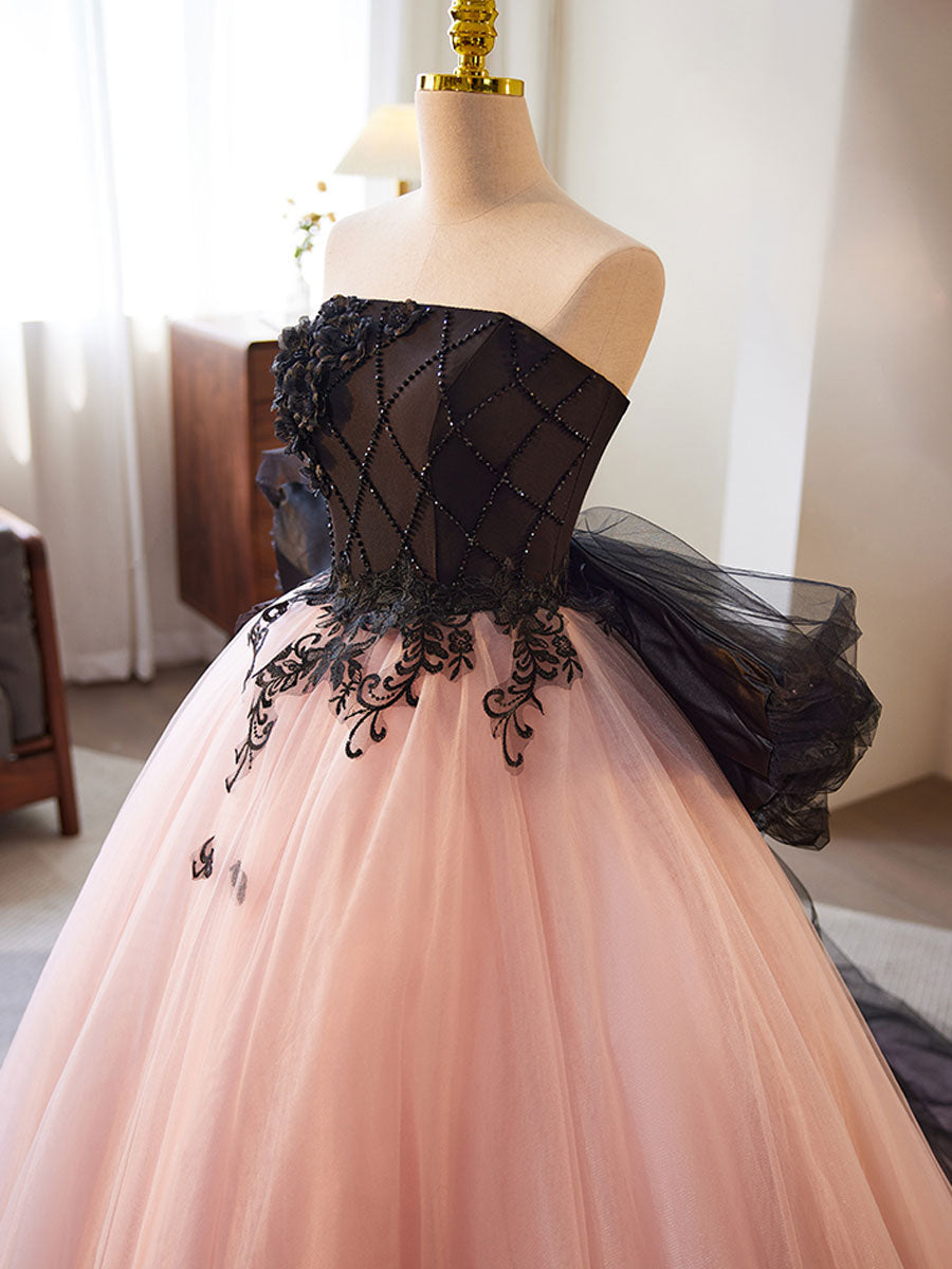 Pink A-Line Tulle Lace Long Prom Dress, Pink Tulle Formal Dress