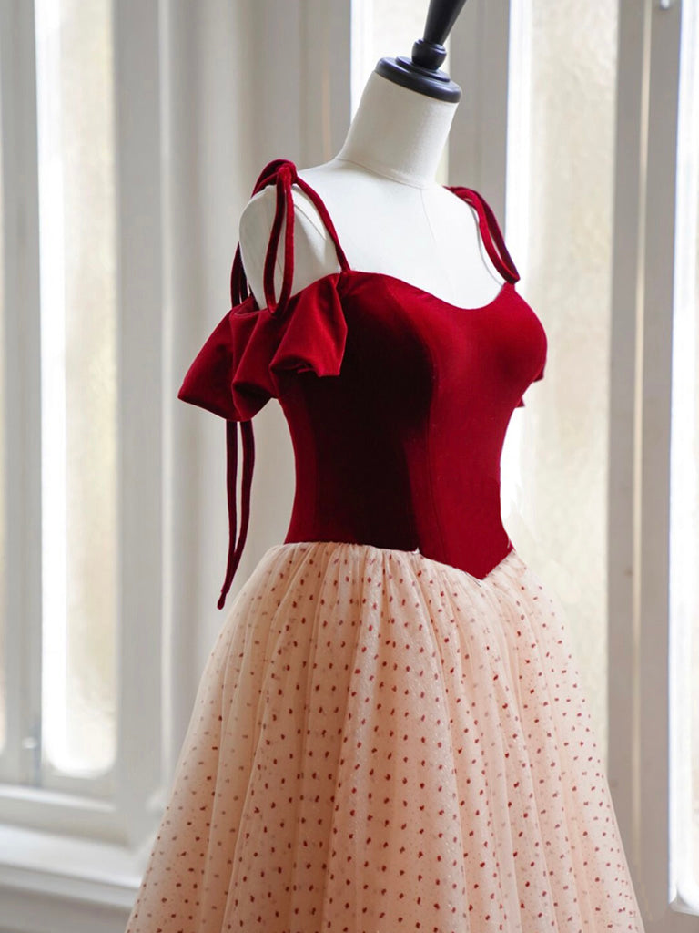 A-Line Burgundy Velvet Tulle Long Prom Dress, Burgundy Long Formal Dress