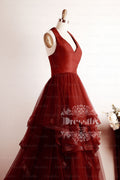 Burgundy v neck tulle long prom dress, burgundy evening dress