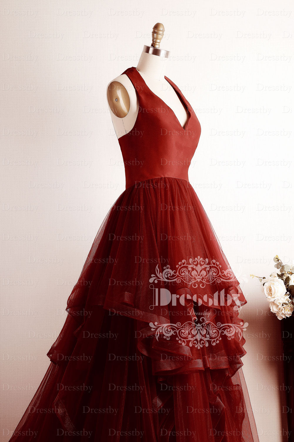 Burgundy v neck tulle long prom dress, burgundy evening dress