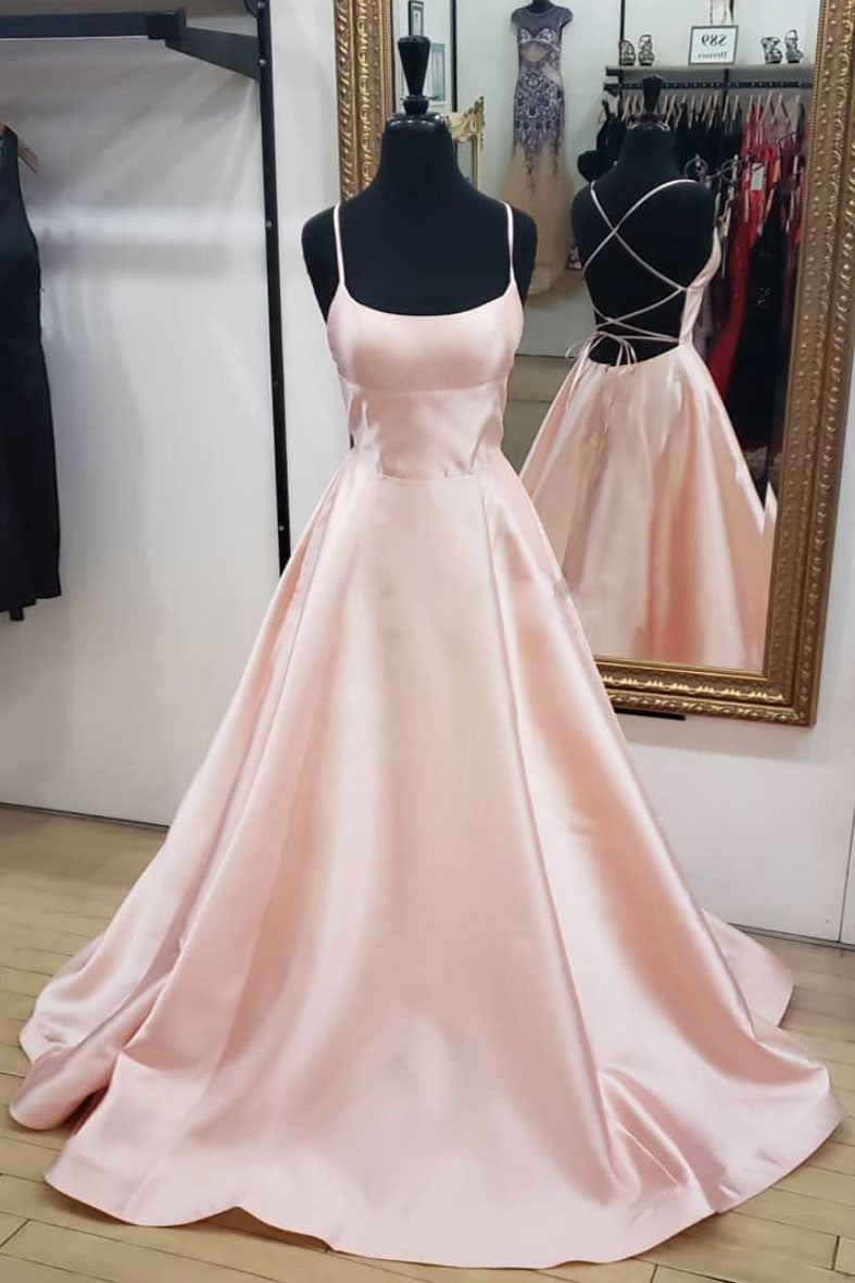 Simple pink satin long prom dress, pink evening dress