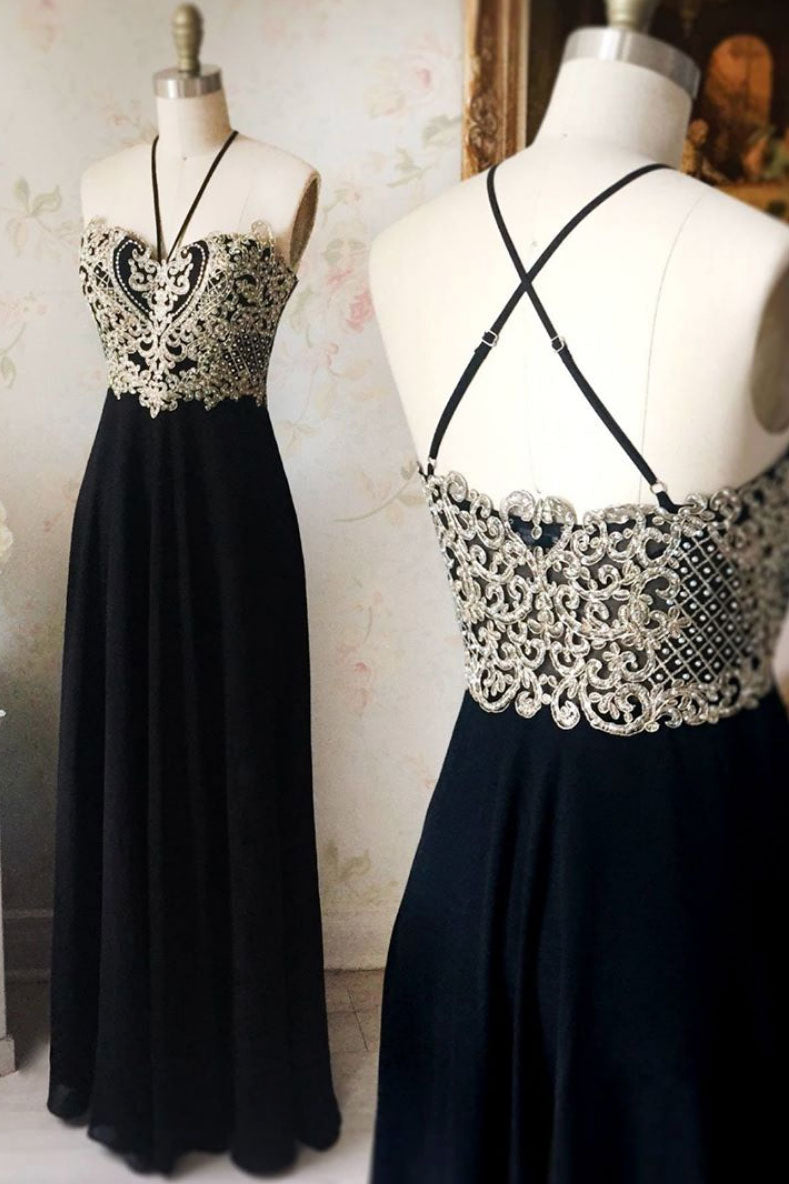 Black sweetheart lace applique long prom dress, black evening dress