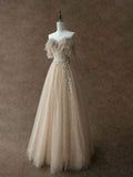 A-Line Champagne Tulle Lace Long Prom Dress, Champagne Formal Evening Dress