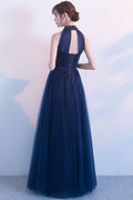 Dark blue tulle high neck long prom dress, dark blue bridesmaid dress