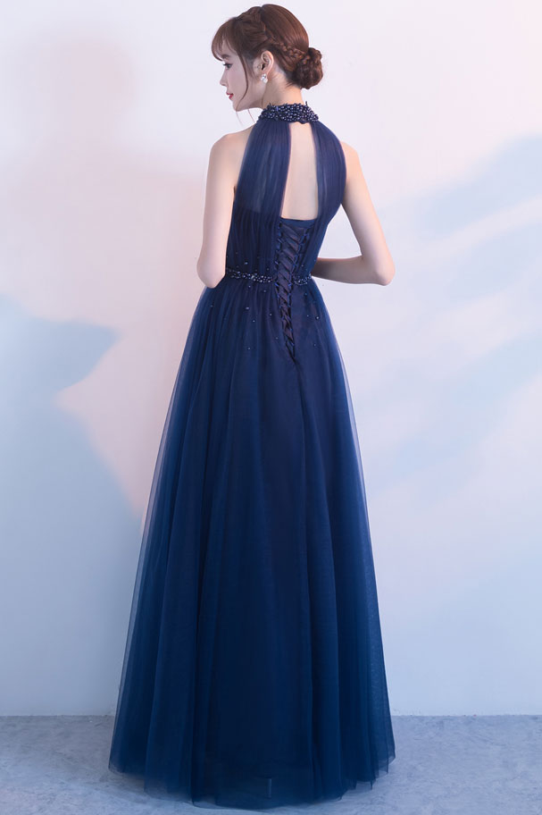 Dark blue tulle high neck long prom dress, dark blue bridesmaid dress