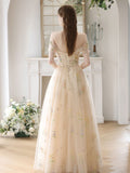 Champagne Tulle Lace Long Prom Dress, A-Line Lace Formal Dress
