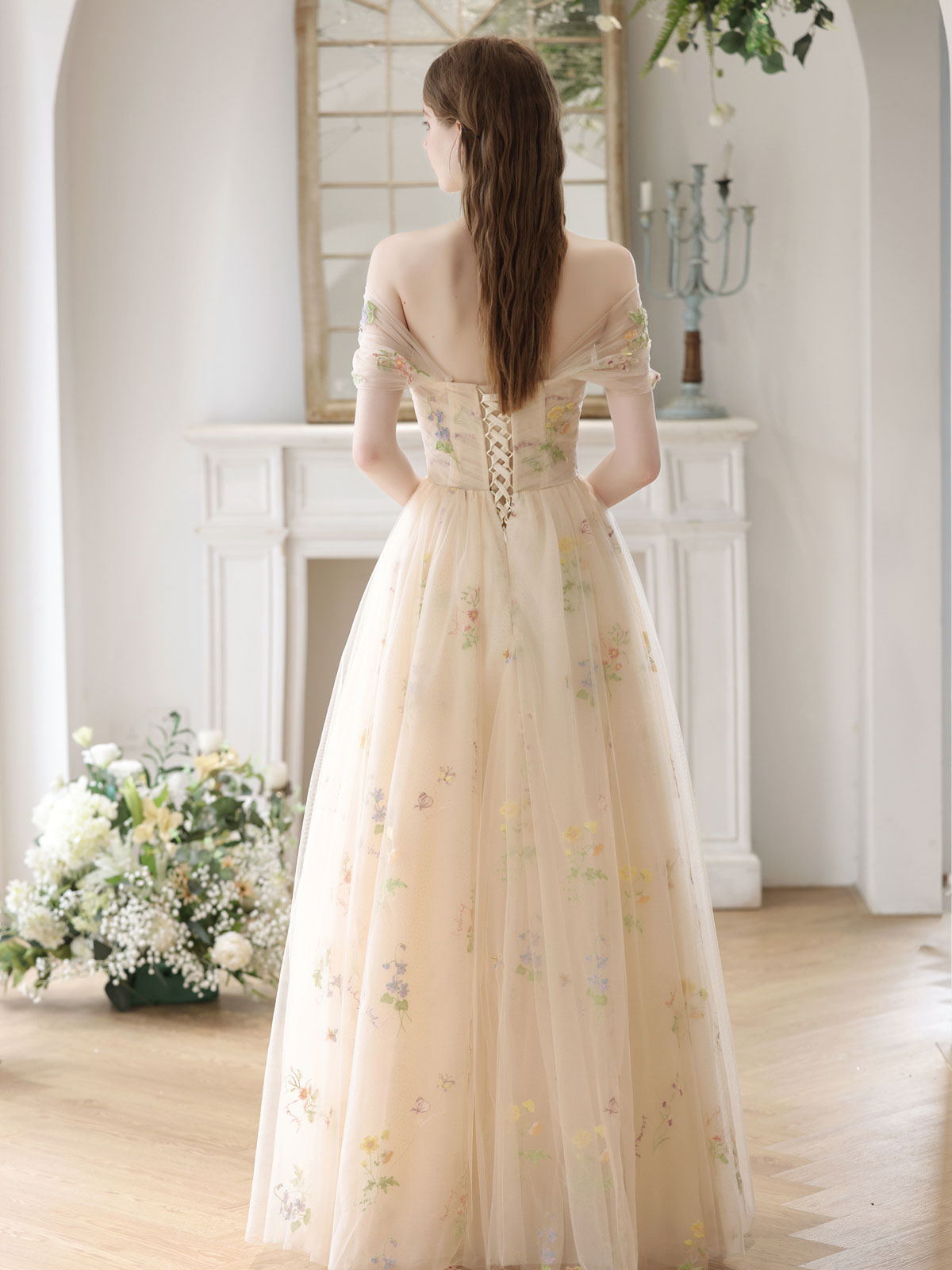 Champagne Tulle Lace Long Prom Dress, A-Line Lace Formal Dress