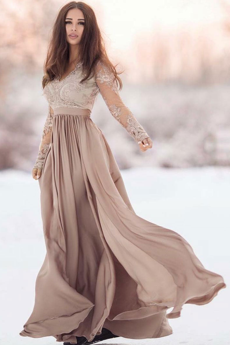 Champagne chiffon lace long prom dress, champagne bridesmaid dress