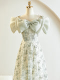 Green A-Line Lace Tea Length Prom Dress, Light Green Formal Dress