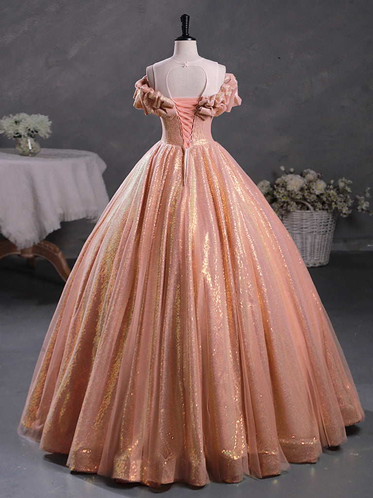 A-Line Off Shoulder Sequin Orange Pink Long Prom Dress, Sequin Evening Dress