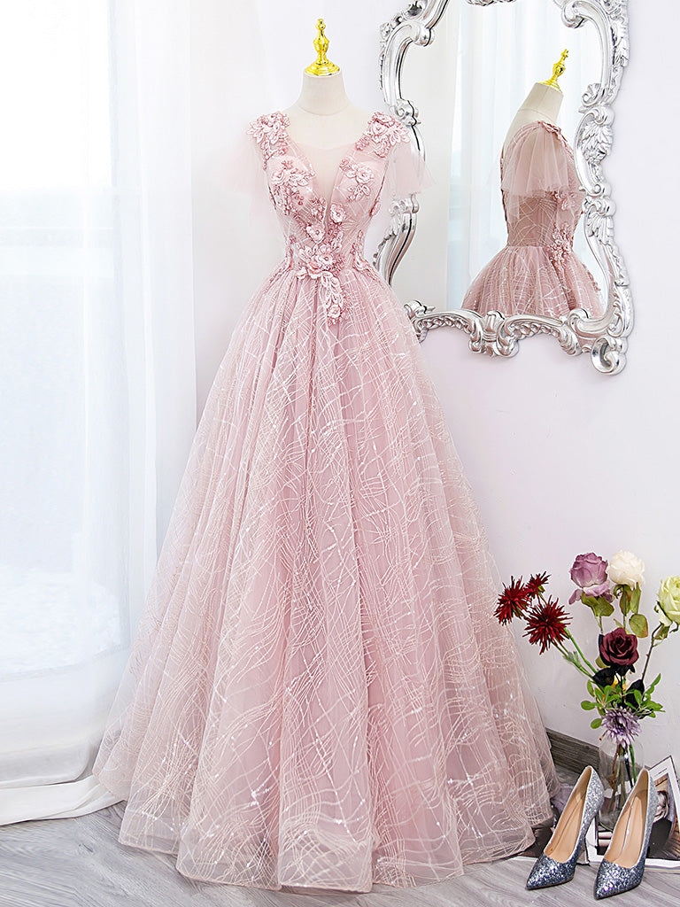 A-Line Tulle Lace Applique Pink Long Prom Dress, Pink Lace Sweet 16 Dress