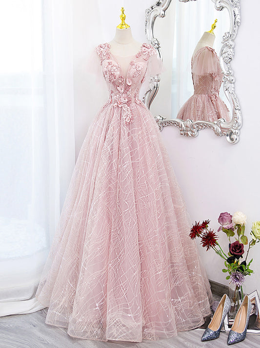 A-Line Tulle Lace Applique Pink Long Prom Dress, Pink Lace Sweet 16 Dress