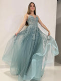 A-Line V Neck Tulle Lace Gray Green Long Prom Dress, Gray Green Formal Dress