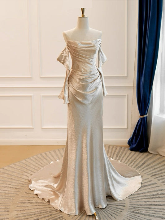 Mermaid Satin Champagne Long Prom Dress, Champagne Long Evening Dress