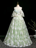 A-Line Off Shoulder Tulle Lace Green Long prom Dress, Green Long Evening Dress