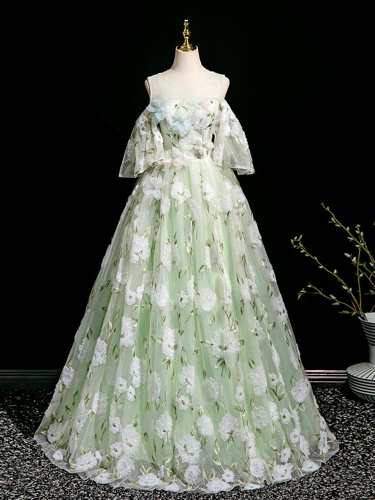 A-Line Off Shoulder Tulle Lace Green Long prom Dress, Green Long Evening Dress