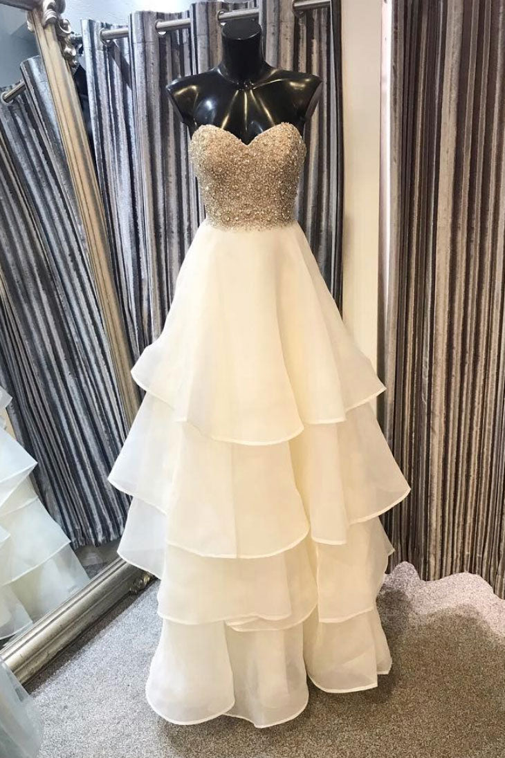 White sweetheart long prom dress, white evening dress