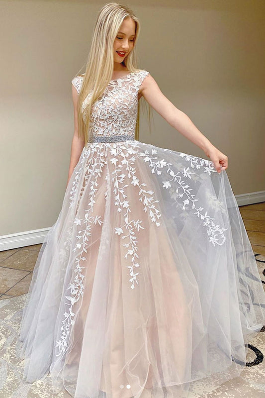 Champagne tulle lace long prom dress champagne evening dress