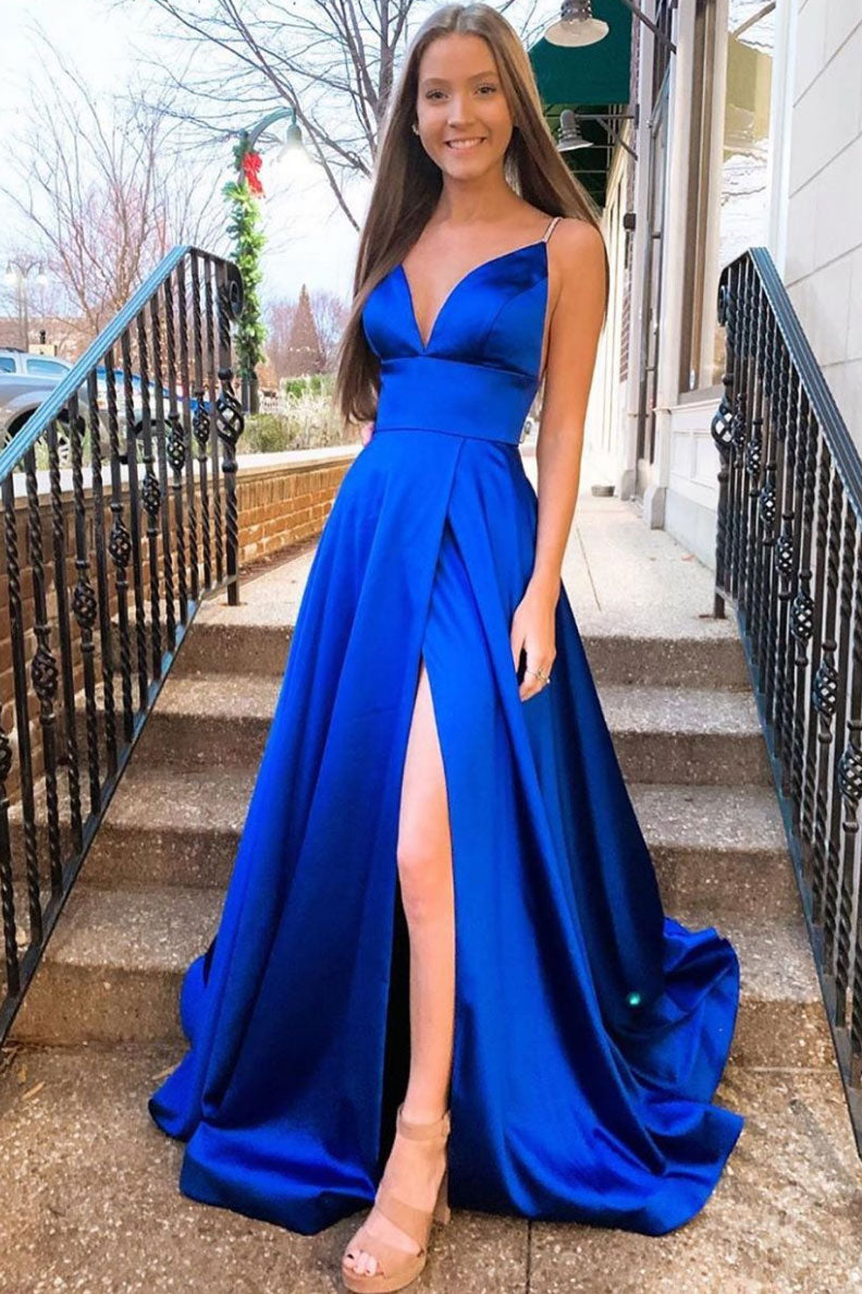 Simple v neck blue satin long prom dress blue formal dress