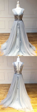 Gray v neck tulle lace long prom dress gray lace long evening dress