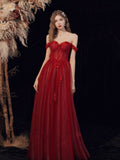 Burgundy A line tulle long prom dress, burgundy evening dress