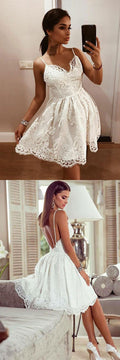 White v neck tulle lace short prom dress lace homecoming dress