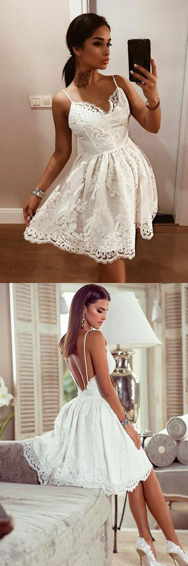 White v neck tulle lace short prom dress lace homecoming dress