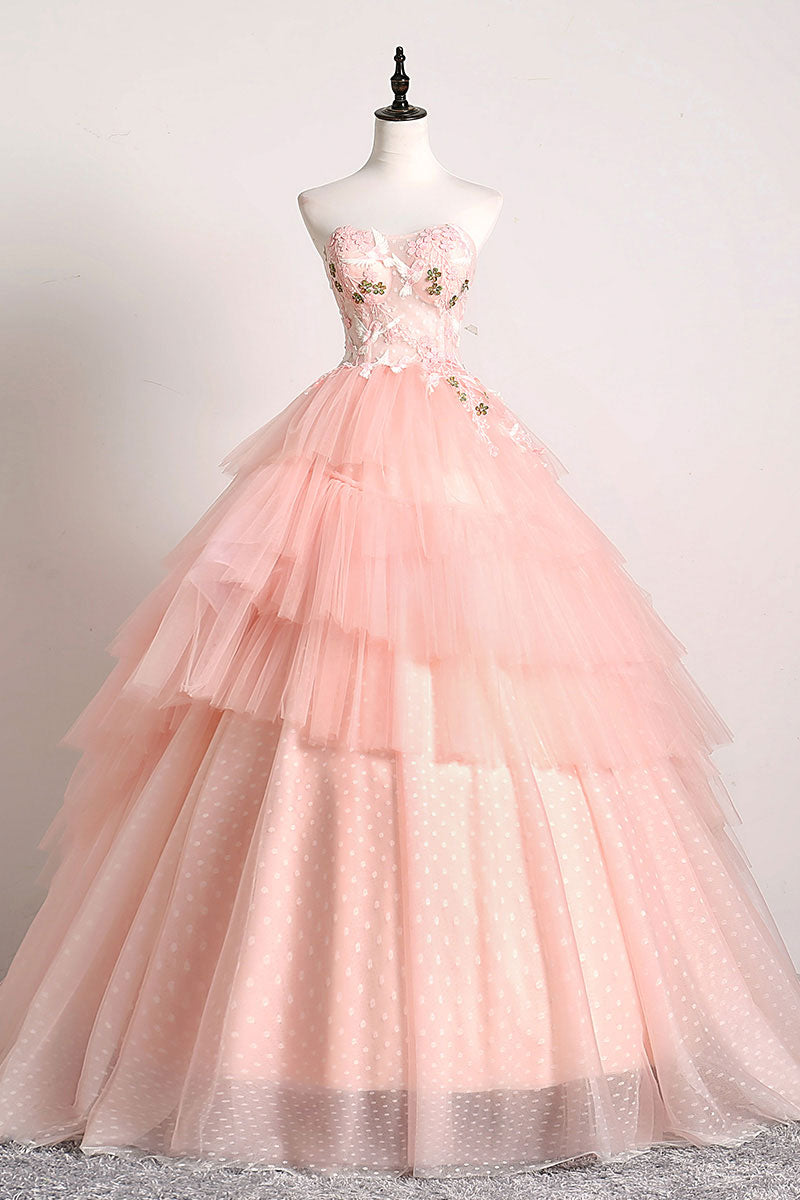 Pink sweetheart lace tulle long prom gown pink tulle formal dress