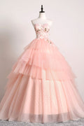 Pink sweetheart lace tulle long prom gown pink tulle formal dress