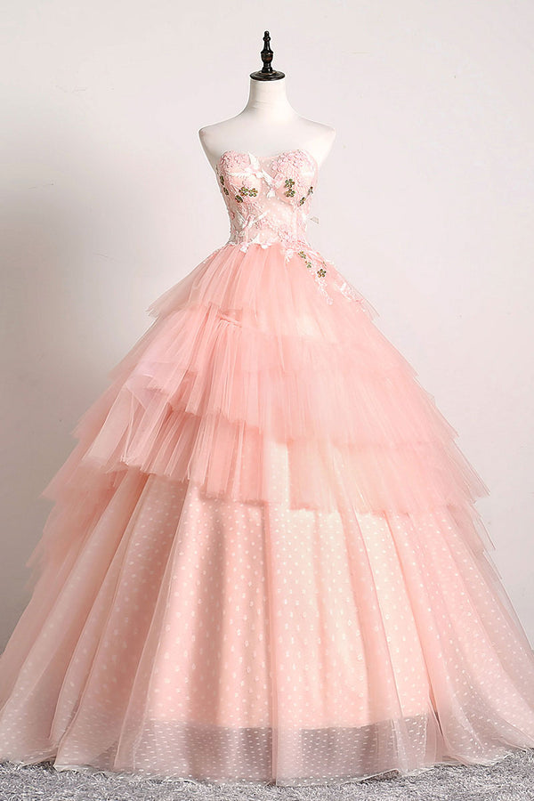 Pink sweetheart lace tulle long prom gown pink tulle formal dress