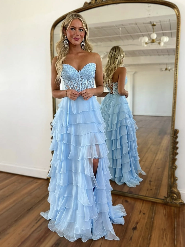 A-Line Sweetheart Neck Chiffon Lace Blue Long Prom Dress, Blue Long Formal Dress