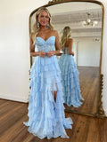 A-Line Sweetheart Neck Chiffon Lace Blue Long Prom Dress, Blue Long Formal Dress
