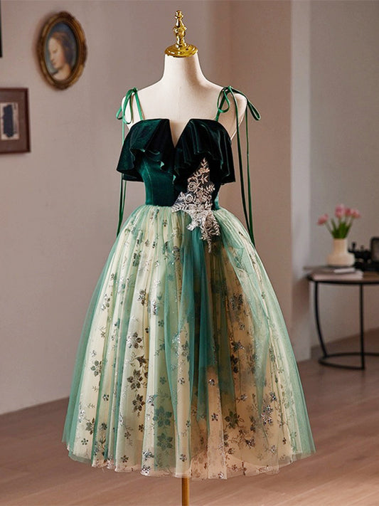 A-Line Velvet Tulle Sequin Lace Short Green Homecoming Dress, Green Party Dress