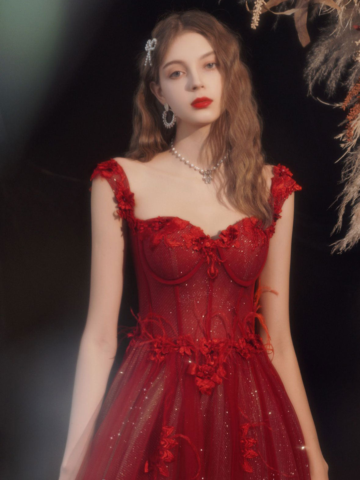 Burgundy A line tulle long prom dress, burgundy evening dress