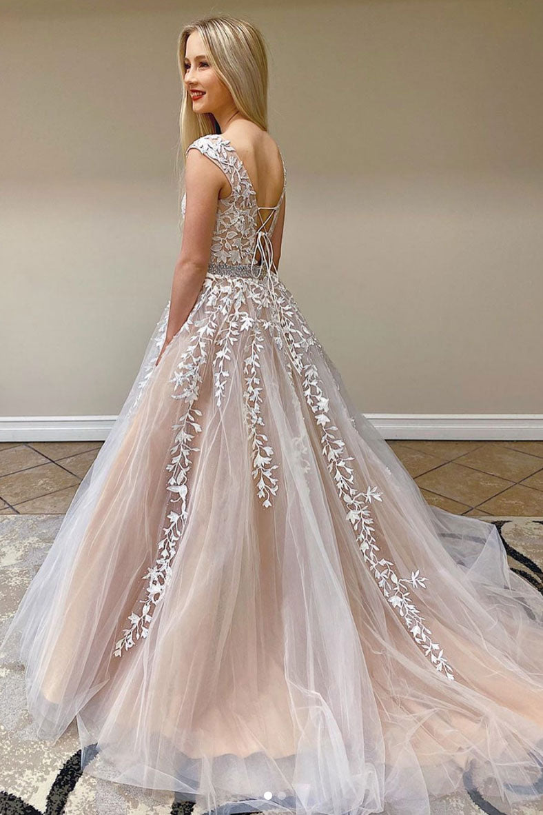 Champagne tulle lace long prom dress champagne evening dress
