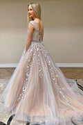 Champagne tulle lace long prom dress champagne evening dress