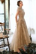 Light champagne lace satin prom dress champagne evening dress